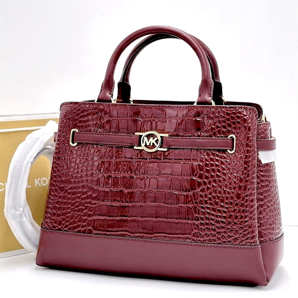 NWT MICHAEL MICHAEL KORS Reed
Large Croc-Embossed Leather Belted
Satchel Oxblood